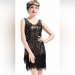 Beaded Black & Gold Art Deco Flapper Dress